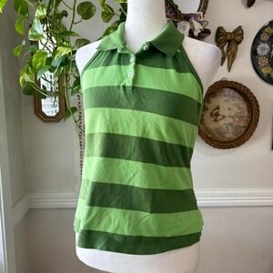 Vintage Y2K Green Stripped Halter‎ Top Collared Button Built-in Bra